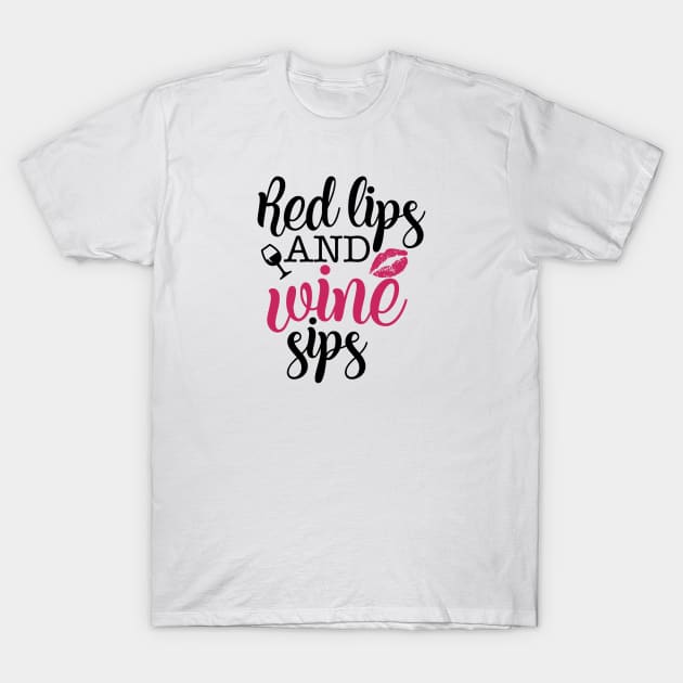 Red Lips And Wine Sips Design T-Shirt by greygoodz